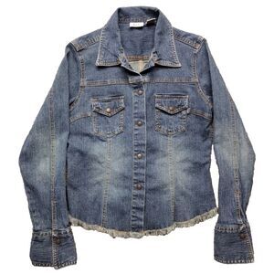 Vintage B.C.I. Clothing Woman Raw Hem Frayed Blue Denim Jean Jacket Size Small